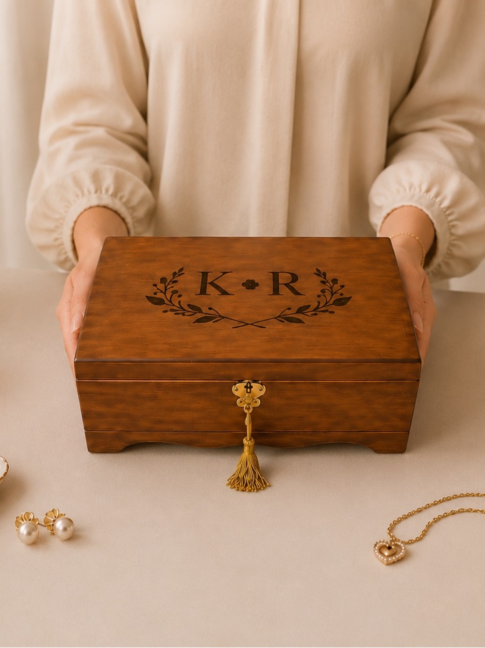 Customized Wooden Jewelry Box with lock, personalized jewelry box